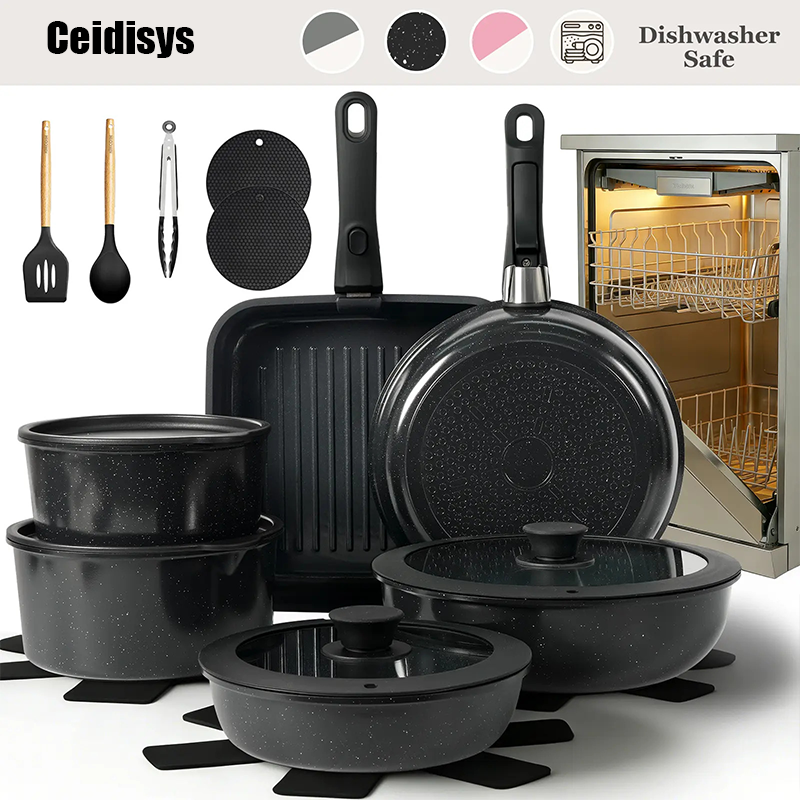 22pcs Premium Ceramic Cookware Set – Healthy PFOA-Free Non-Stick Pots & Pans with Detachable Handle