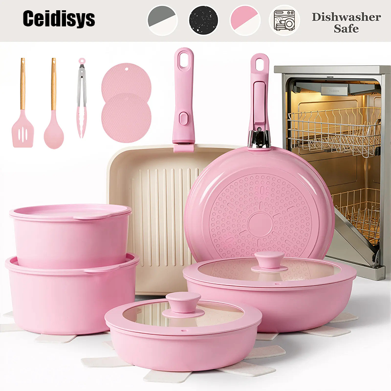 22pcs Premium Ceramic Cookware Set – Healthy PFOA-Free Non-Stick Pots & Pans with Detachable Handle