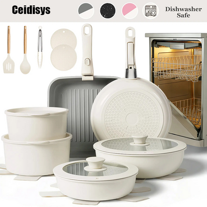 22pcs Premium Ceramic Cookware Set – Healthy PFOA-Free Non-Stick Pots & Pans with Detachable Handle