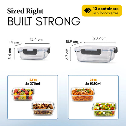 Premium Glass Food Storage Containers Set of 10 – BPA-Free Meal Prep Boxes with Airtight Leakproof Lids – Oven, Microwave, Freezer & Dishwasher Safe